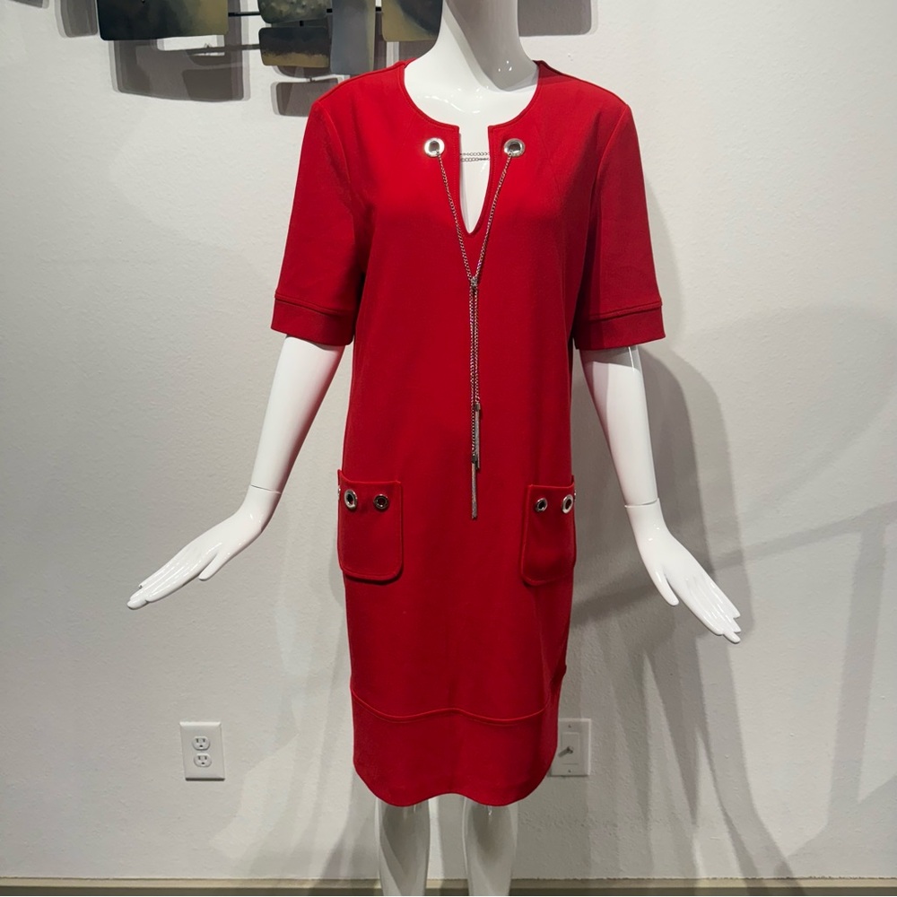 Joseph Ribkoff Merlot Dress Size 10 w/ Pockets, Eyelet Buttons and Chain Accent